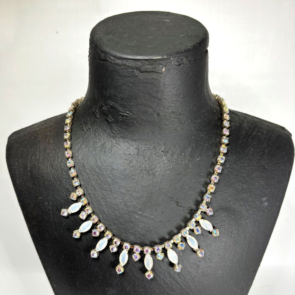 1950s Opal Aurora Borealis Rhinestone Chocker Necklace Vintage Cocktail